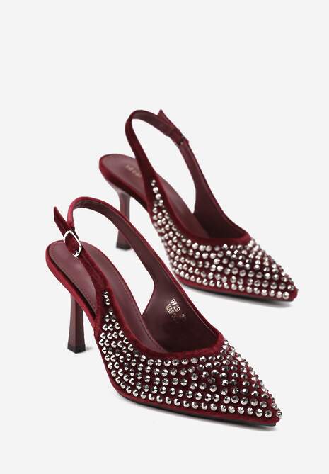 Bordowe Szpilki Slingback Ozdobione Cyrkoniami Benikke