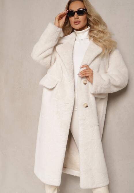 Biały Płaszcz z Futra z Zapięciem na Guziki i Wsuwanymi Kieszeniami Paritha