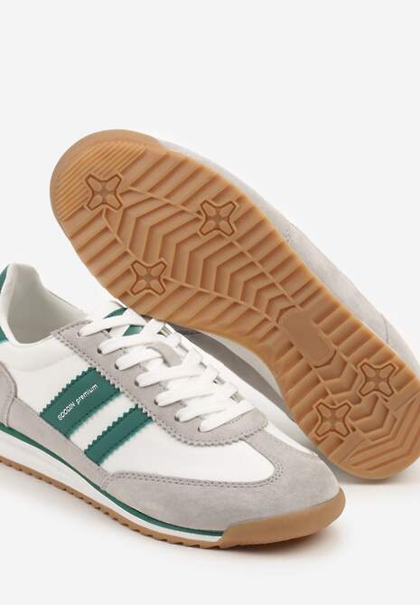 Biało-Szare Sneakersy ze Skórzaną Wkładką i Ozdobnymi Paskami Nasnella