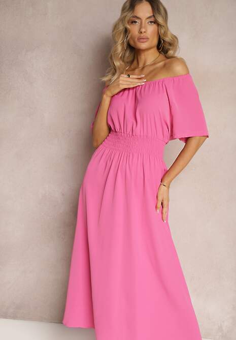 Różowa Rozkloszowana Sukienka z Krótkim Rękawem i Gumką w Talii Katteria