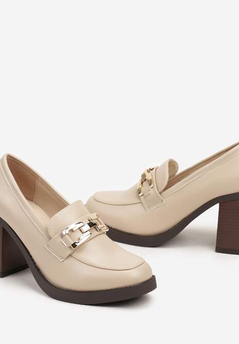 Beżowe Półbuty na Słupku z Klamrą Stylizowane na Mokasyny Gerisa