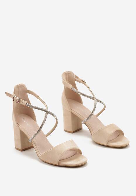 Beżowe Sandały Zapinane wokół Kostki Ozdobione Cyrkoniami na Słupku Kenai