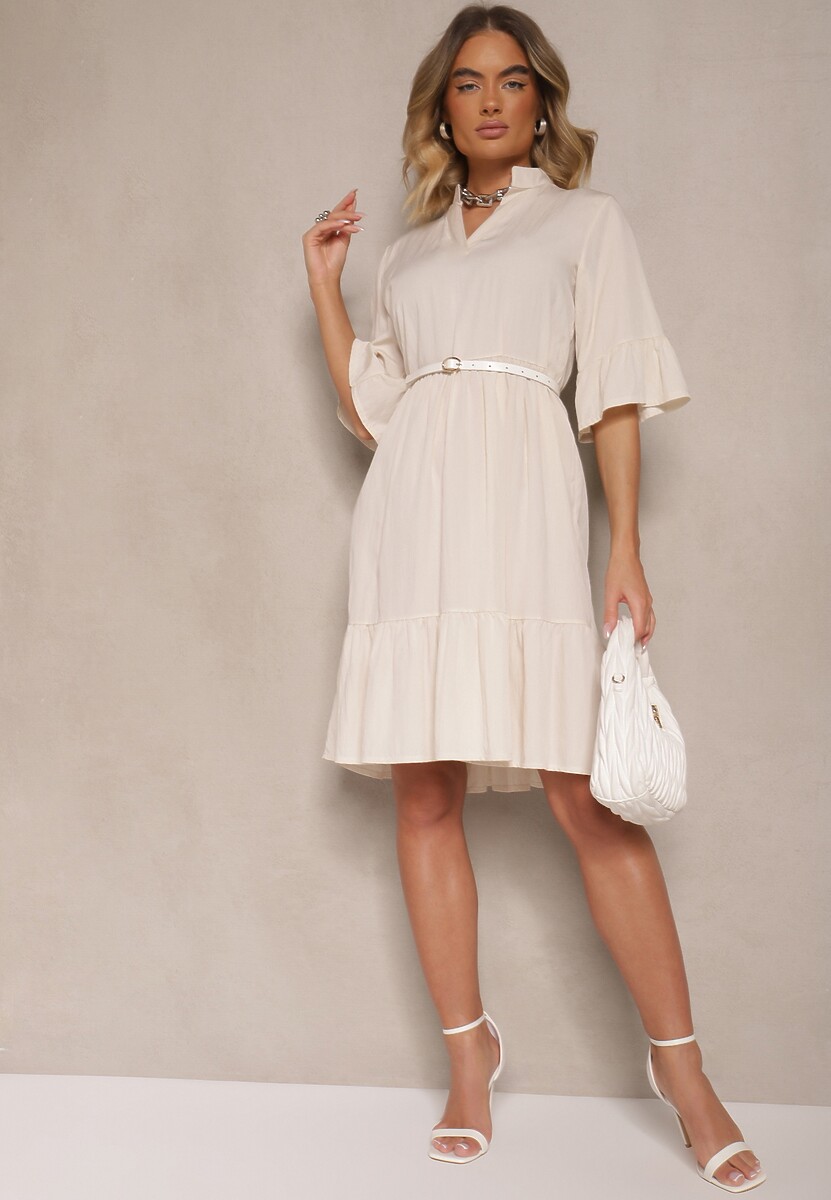 Beżowa Rozkloszowana Sukienka z Wiskozą i Falbanami Eviranna