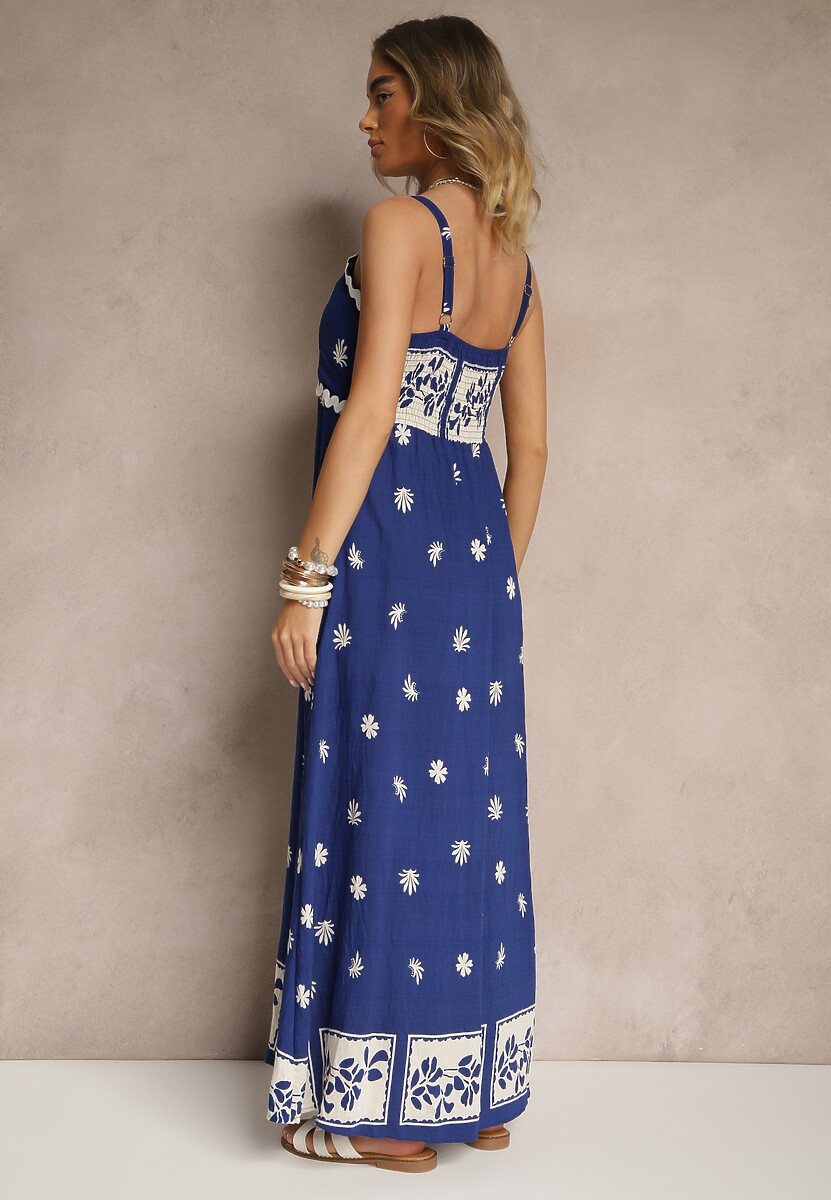 Granatowa Sukienka z Wiskozy Ozdobiona Geometrycznym Motywem Lunessa