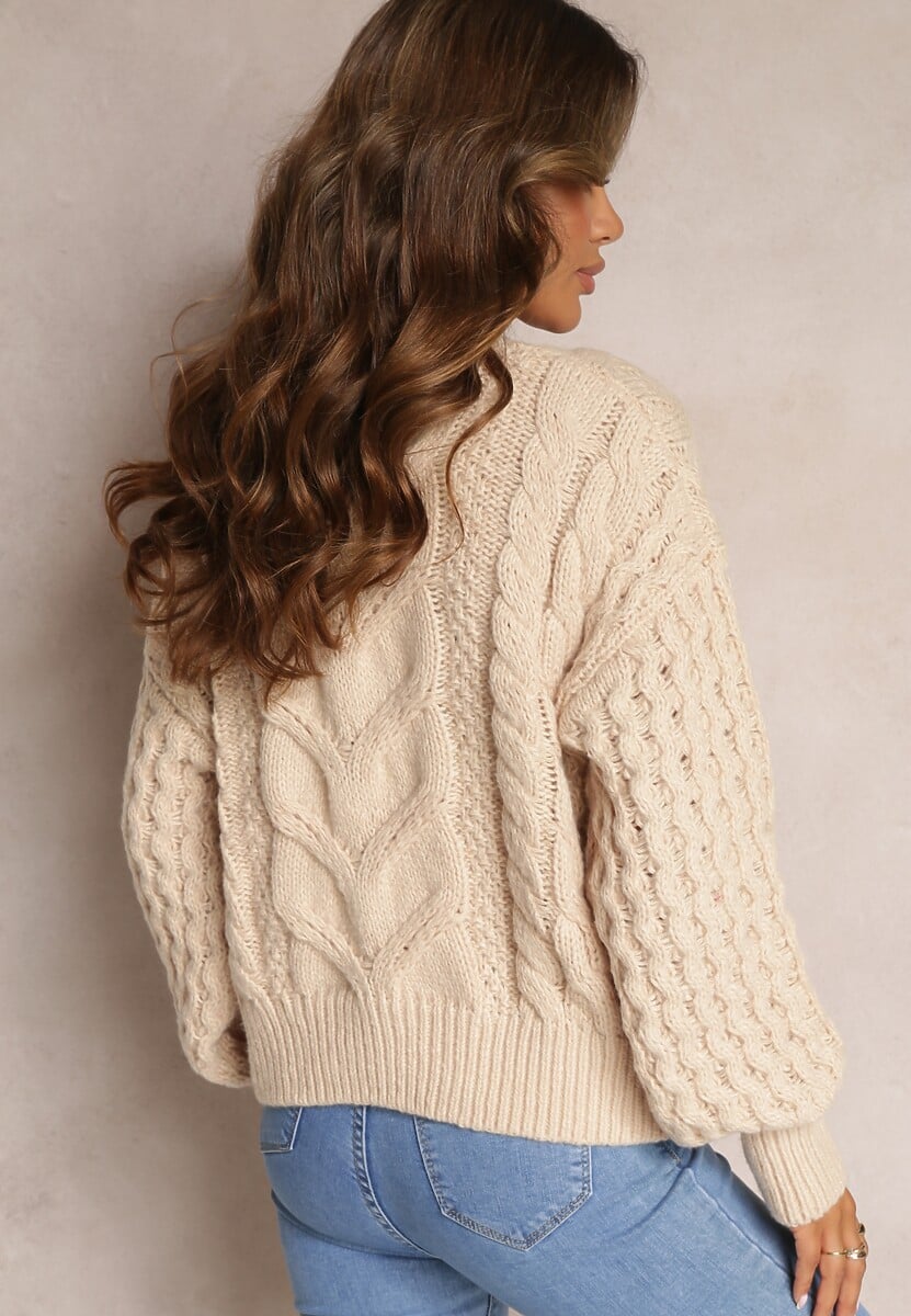 Beżowy Sweter z Wełną i Bawełną w Warkoczykowy Splot Kestina