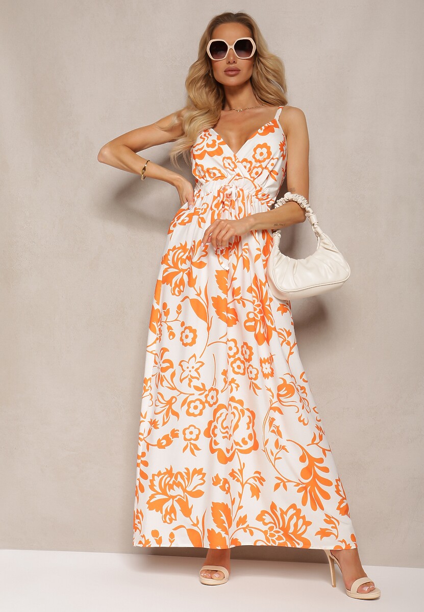 Pomarańczowa Sukienka z Gumkami na Plecach Ściągana w Talii z Regulowanymi Ramiączkami Falora