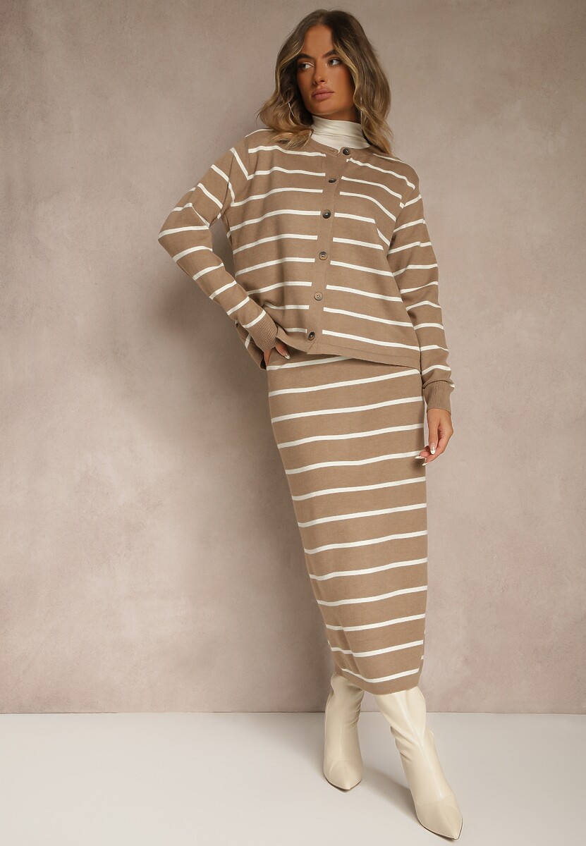 Beżowy Komplet z Wiskozą Spódnica i Bluzka z Guzikami Ozdobione Paskami Forrive