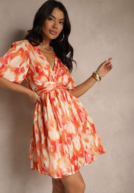 Pomarańczowa Sukienka o Rozkloszowanym Kroju w Abstrakcyjny Wzór Rinarienna