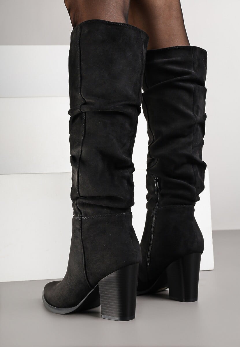 Czarne Kozaki z Ekozamszu na Obcasie Typu Słupek z Marszczeniem przy Cholewce Railaria