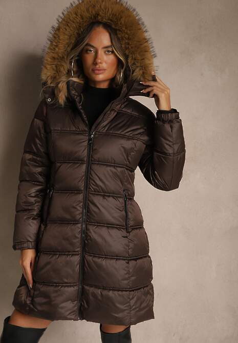 Ciemnobrązowa Pikowana Kurtka o Długim Fasonie z Odpinanym Kapturem z Futerkiem  Fenalda