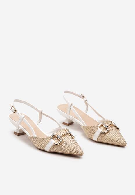 Białe Sandały Ozdobione Plecionką na Niskim Obcasie Zapinane na Sprzączkę wokół Kostki Ilottia