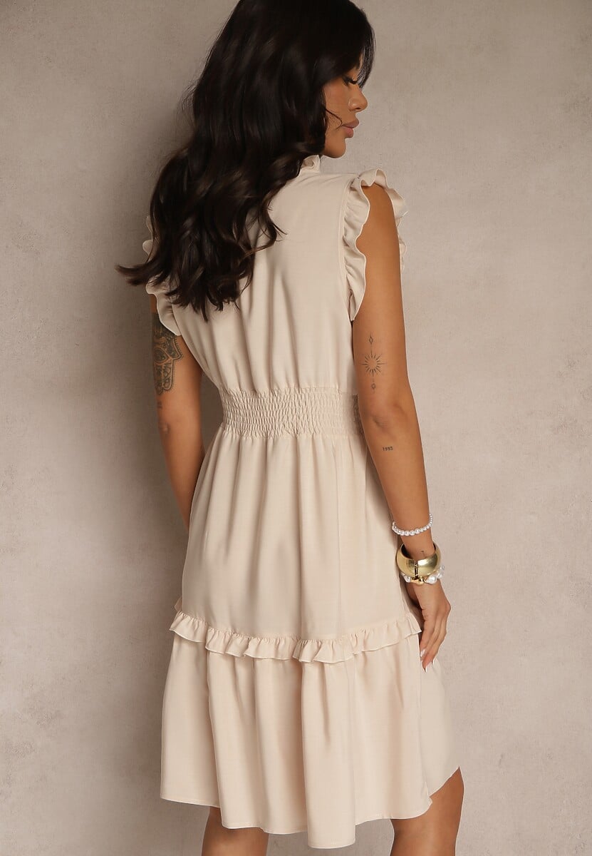 Beżowa Rozkloszowana Sukienka z Wiskozą Bez Rękawów Lirabellae