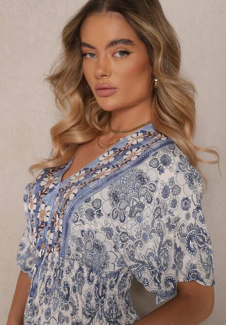 Granatowa Wiskozowa Sukienka w Ornamentalny Print z Szeroką Gumką w Talii Danissna