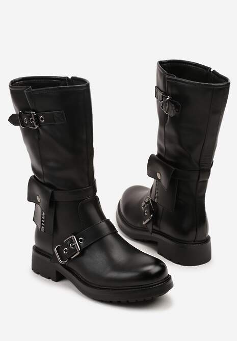 Czarne Botki Biker Boots Zdobione Klamerkami i Kieszonką Nalinnea