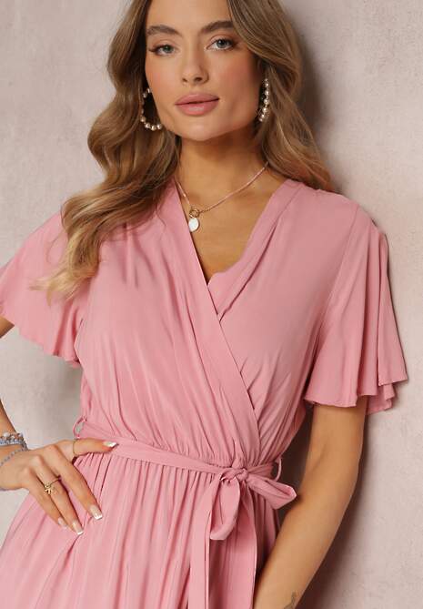Różowa Rozkloszowana Sukienka z Falbanką i Wiązanym Paskiem Adotine