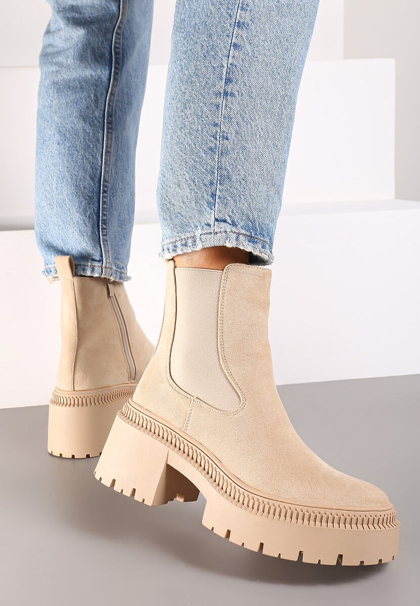 Beżowe Botki na Słupku i Platformie Sztyblety Grunge z Elastyczną Cholewką Lericea