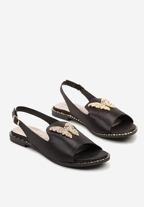 Czarne Sandały Slingback ze Skórzaną Wkładką i Cyrkoniową Aplikacją z Motylem Idirane