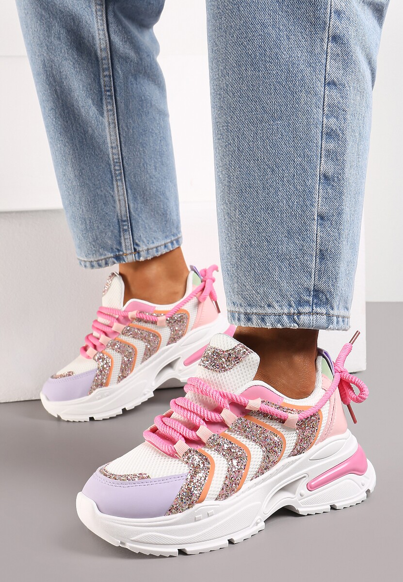 Różowo-fioletowe Sneakersy na Masywnej Podeszwie Odobione Brokatem Thirlas