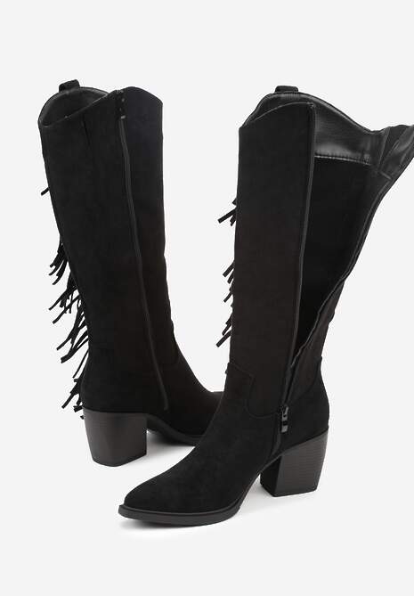 Czarne Kozaki Kowbojki na Stożku Zdobione Frędzlami Nucca