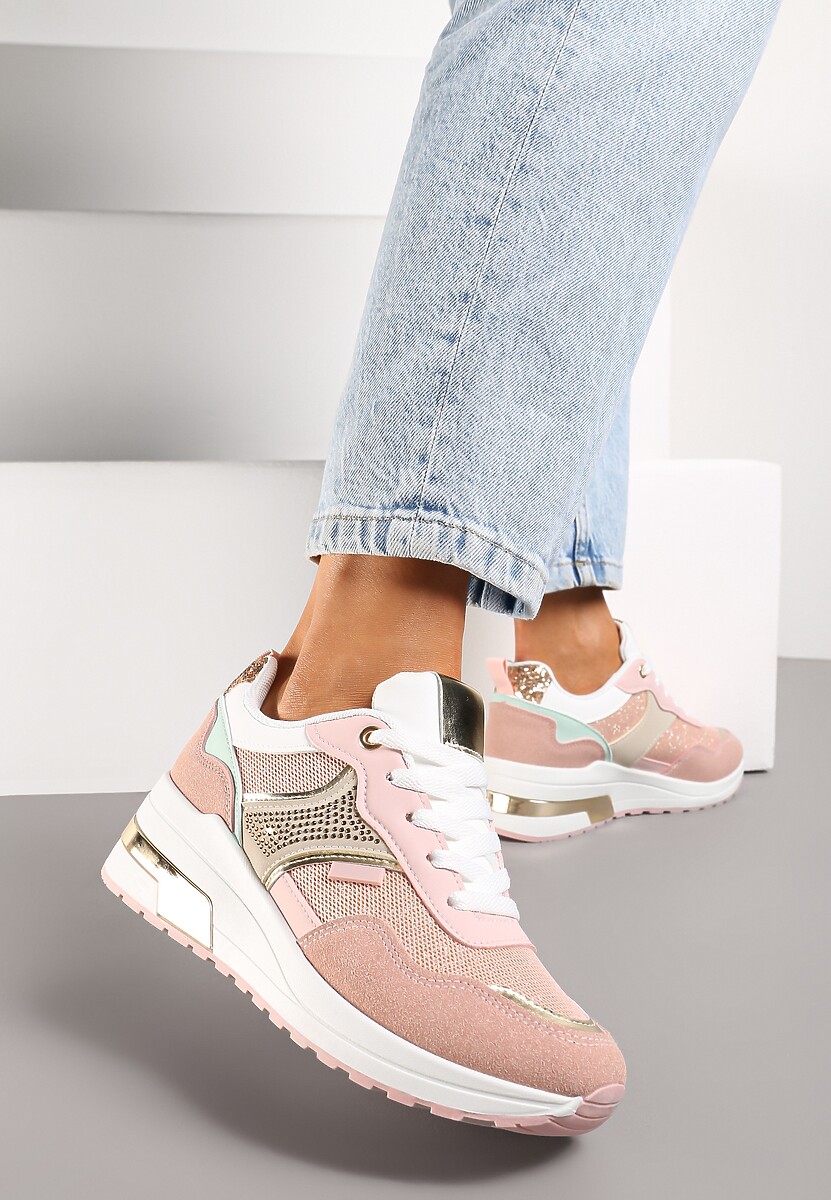 Różowe Sneakersy z Brokatem Cyrkoniami i Metalicznymi Wstawkami Zephramis