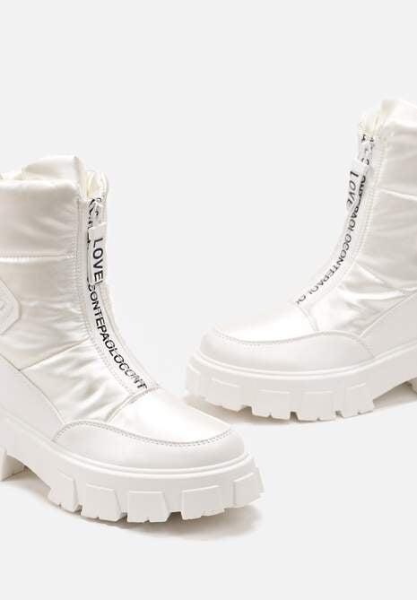 Białe Śniegowce z Ekoskóry z Ozdobnym Suwakiem i Napisem Veneria