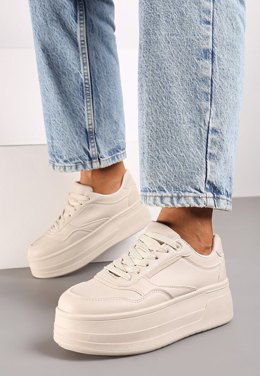 Beżowe Sneakersy na Platformie Ozdobionej Tłoczeniem Vaiviera