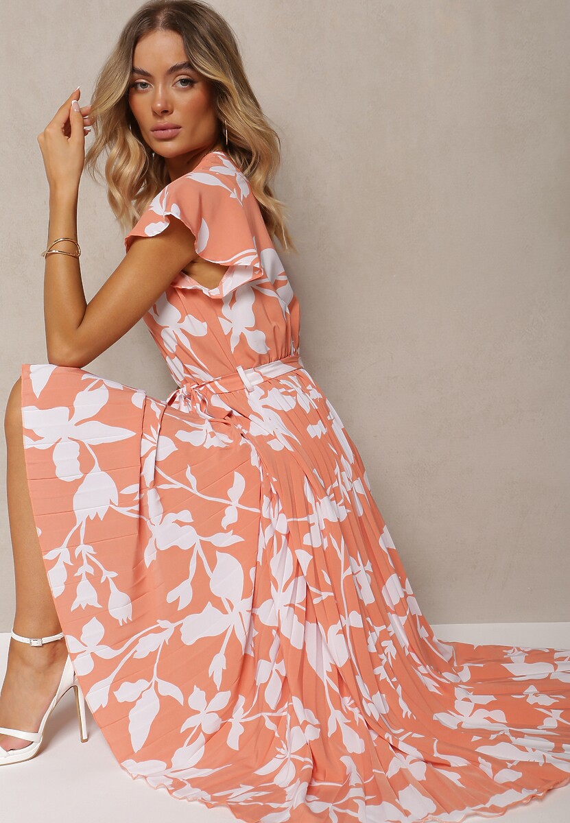 Czerwona Sukienka z Kopertowym Dekoltem Plisowanym Dołem Wykończona w Talii Paskiem i Gumką Elsavia