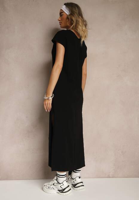 Czarna Sukienka z Bawełny o Pudełkowym Kroju i Dekolcie w V i Rozcięciami Natindra