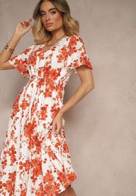 Pomarańczowa Bawełniana Sukienka Rozkloszowana Ażurowa w Kwiatowy Print Velbia