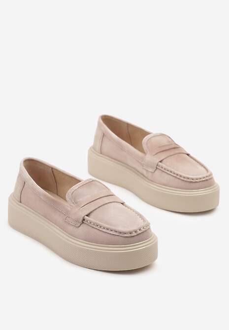 Beżowe Mokasyny na Grubej Podeszwie z Wkładką ze Skóry Naturalnej Polvia