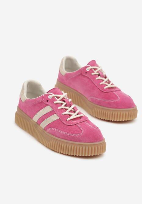 Fuksjowe Zamszowe Sneakersy w Stylu Kultowych Tenisówek ze Skórzaną Wkładką Tenannia