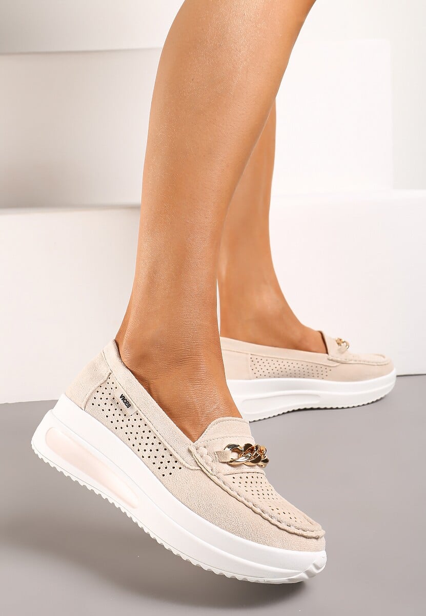 Beżowe Mokasyny na Platformie z Łańcuszkiem Himenna