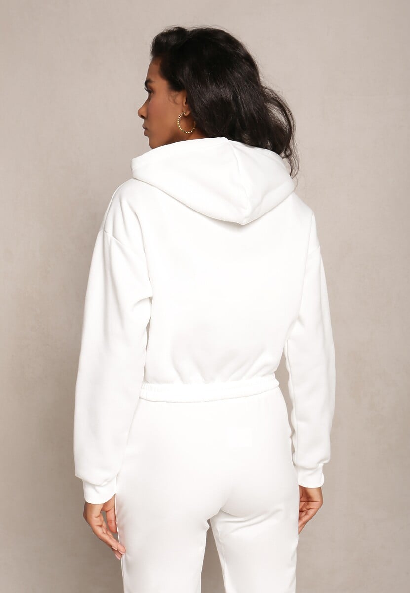 Biała Krótka Bluza z Kapturem Ściągaczami i Ozdobnym Nadrukiem Relis