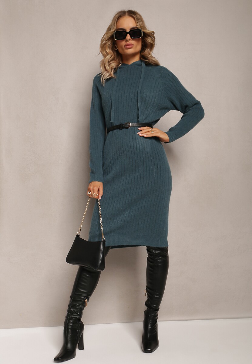 Ciemnozielona Wełniana Sukienka w Prążki z Kapturem Opiuda