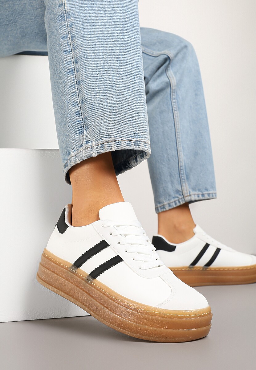 Beżowe Sneakersy na Tłoczonej Platformie Ozdobione Paskami Felainora