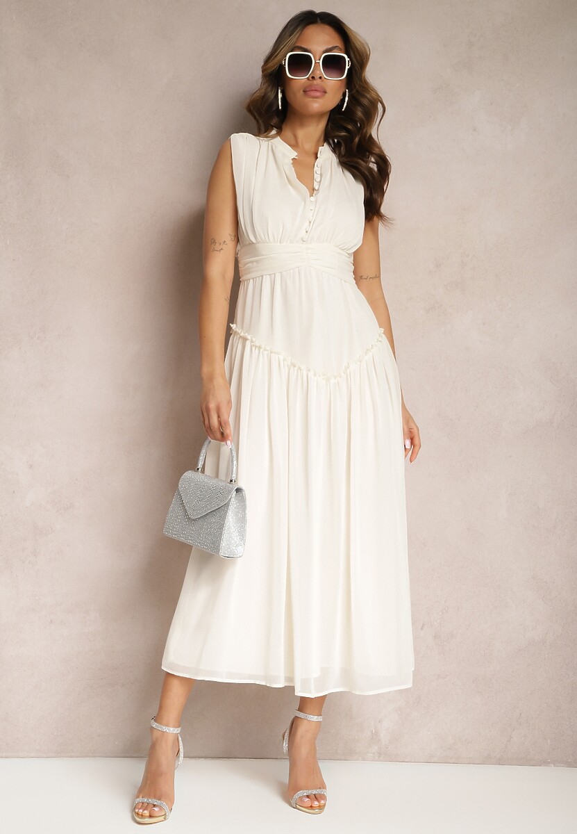 Jasnobeżowa Rozkloszowana Sukienka Długa z Guzikami o Taliowanym Fasonie Jovitta