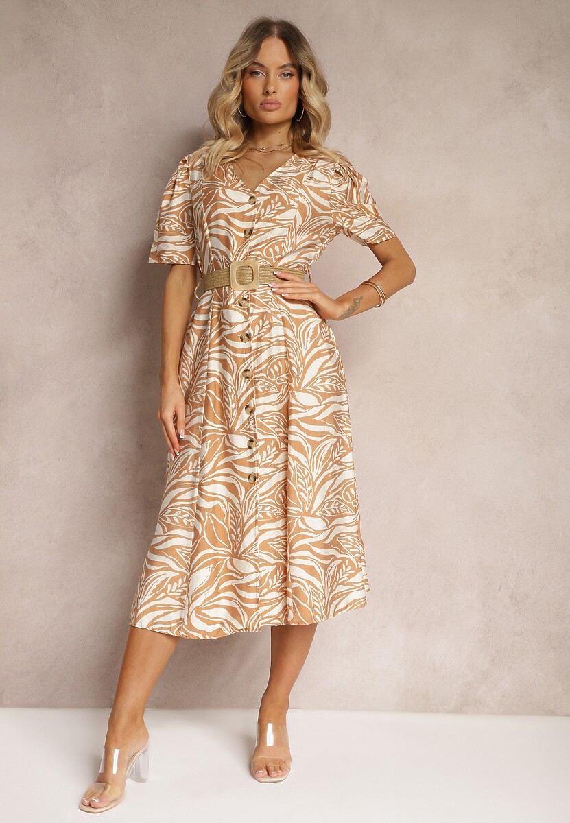 Beżowa Koszulowa Sukienka z Bufiastymi Rękawami i Plecionym Paskiem w Talii Aslatia