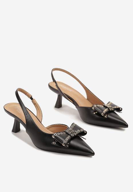Czarne Sandały Slingback na Kaczuszce Zdobione Kokardą z Nitami Rizonna