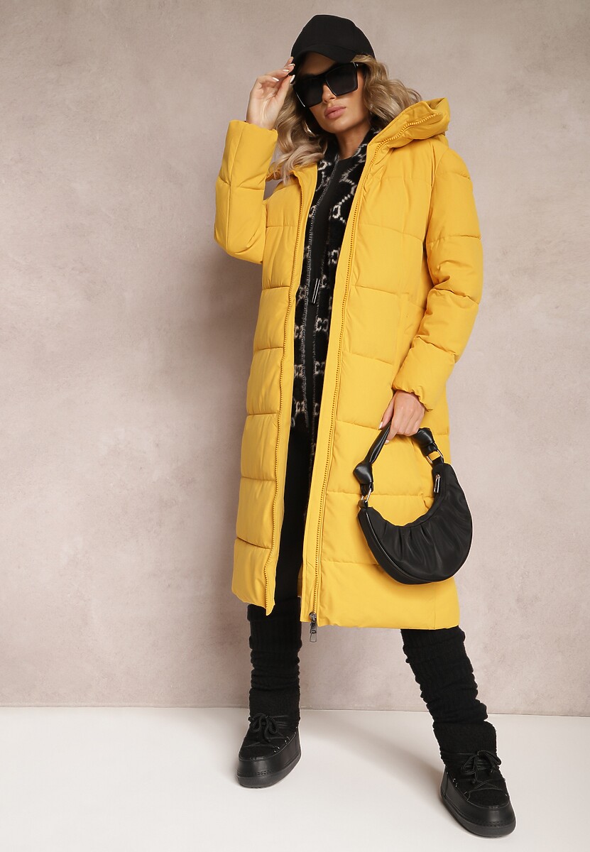 Czarna Długa Kurtka Płaszcz z Pikowaniem oraz Kapturem Madirre