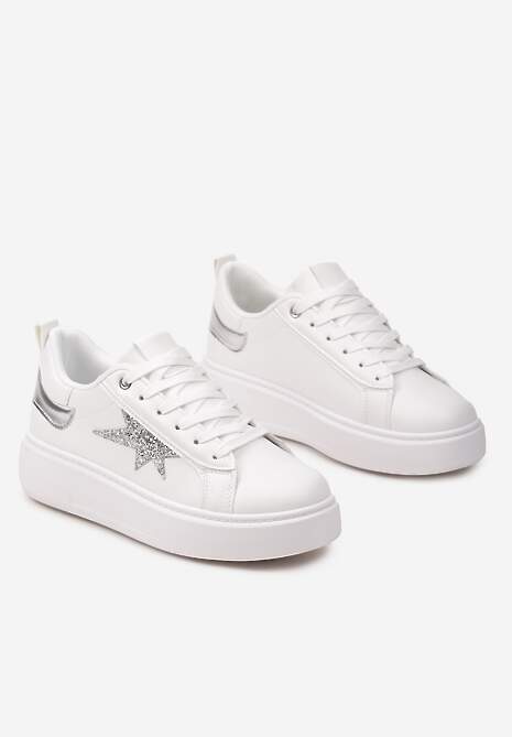 Białe Sneakersy Ozdobione Brokatem na Niskiej Platformie Leonare
