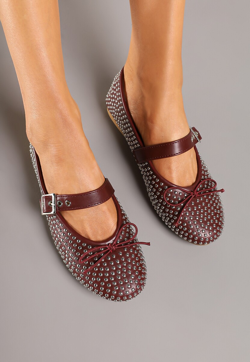 Bordowe Balerinki Mary Jane Ozdobione Kokardą i Cyrkoniami Lurisellia