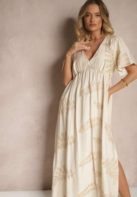 Beżowa Rozkloszowana Sukienka z Wiskozy Ozdobiona Haftowanymi Liśćmi Tirvesa