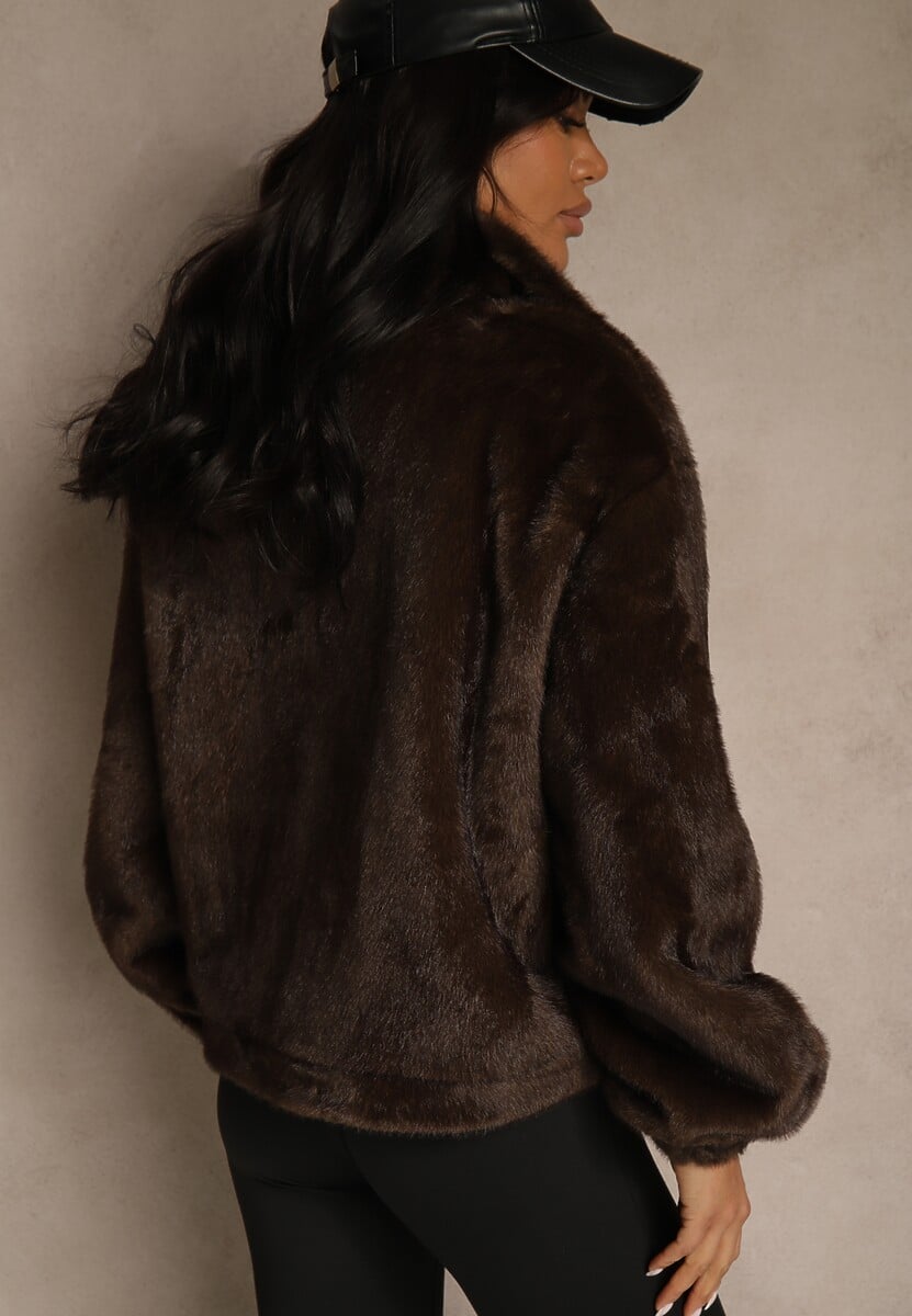 Brązowa Kurtka Futerko z Ozdobnymi Kieszeniami Vetiline