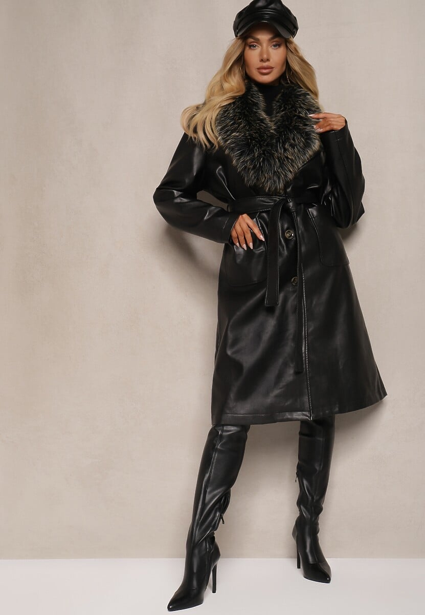 Czarny Płaszcz z Ekoskóry o Jednorzędowym Kroju z Odpinanym Futrem i Wiązanym Paskiem Semithlin