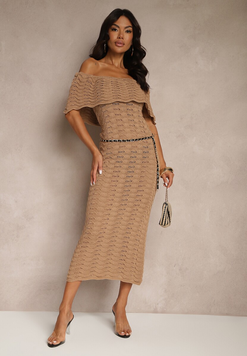 Ciemnobeżowa Sukienka Hiszpanka z Ażurowej Tkaniny z Ozdobnym Dekoltem Filadella