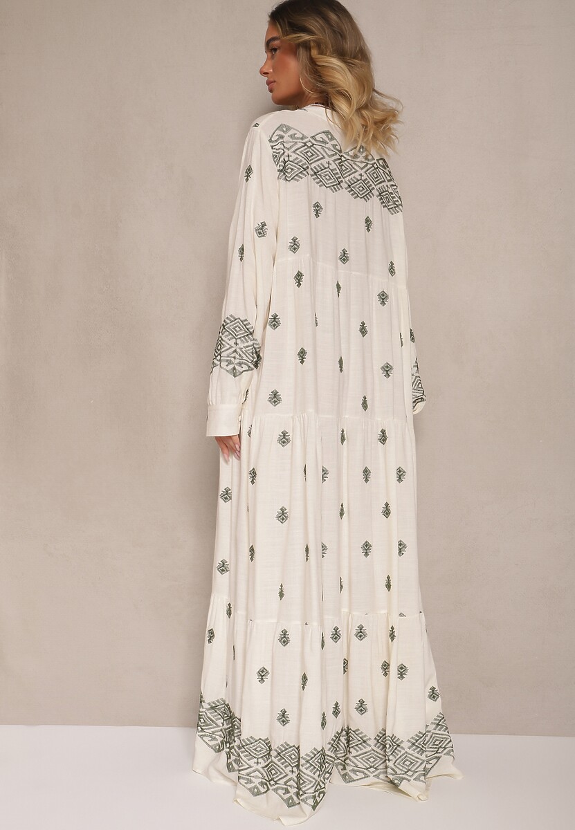 Biało-Zielona Rozkloszowana Sukienka Ozdobiona Haftem i Wzorem Boho Ronavere