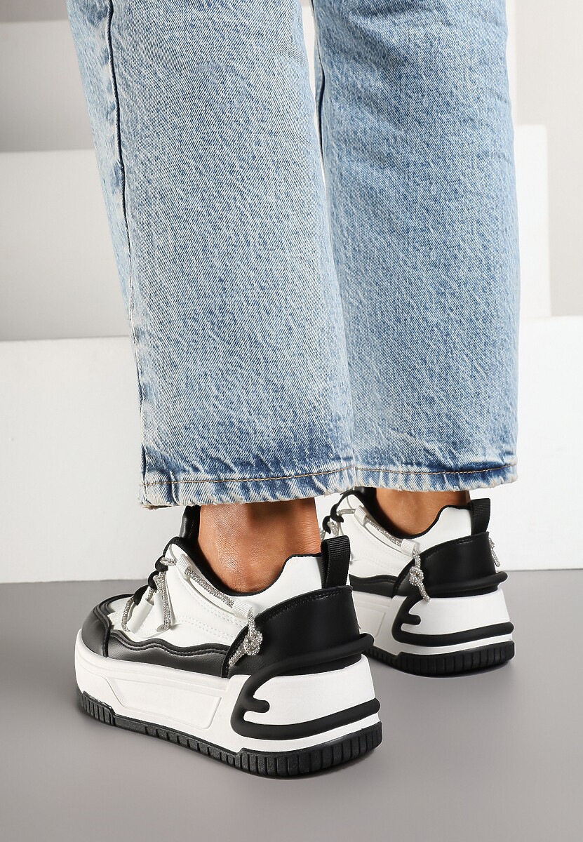 Biało-Czarne Sneakersy na Platformie z Paskiem z Cyrkonii Aneolin