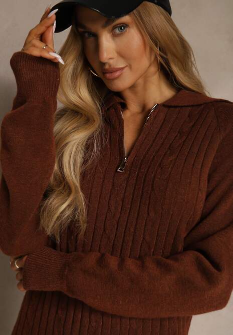 Brązowa Sweterkowa Sukienka z Bawełną i Wełną Ozdobiona Suwakiem Reinda