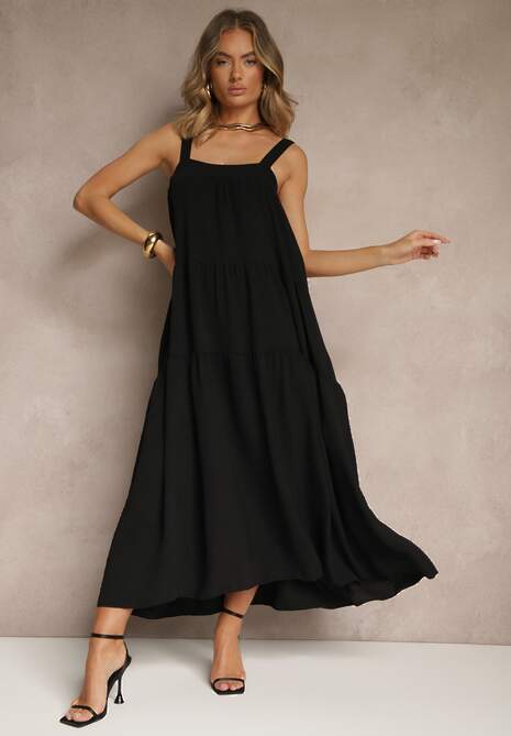 Czarna Rozkloszowana Sukienka Ozdobiona Wiązaniem na Plecach Saviande