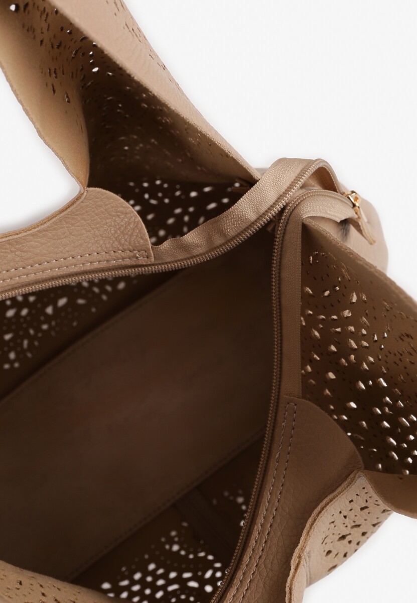 Ciemnobeżowa Torebka Hobo Zdobiona Ażurową Perforacją z Dodatkową Saszetką Frolana